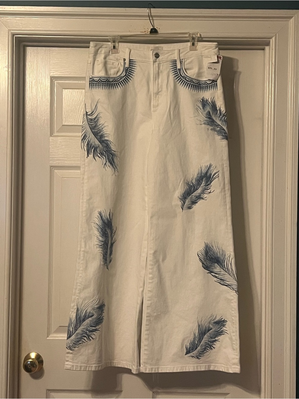 NWT! DRIFTWOOD White Wide-Leg Jeans with embroidered Blue Feather details